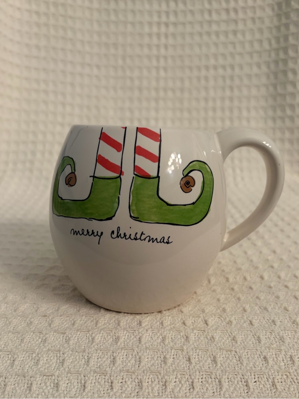 Rae Dunn Artisan Collection White Merry Christmas Round Elf Shoes Mug